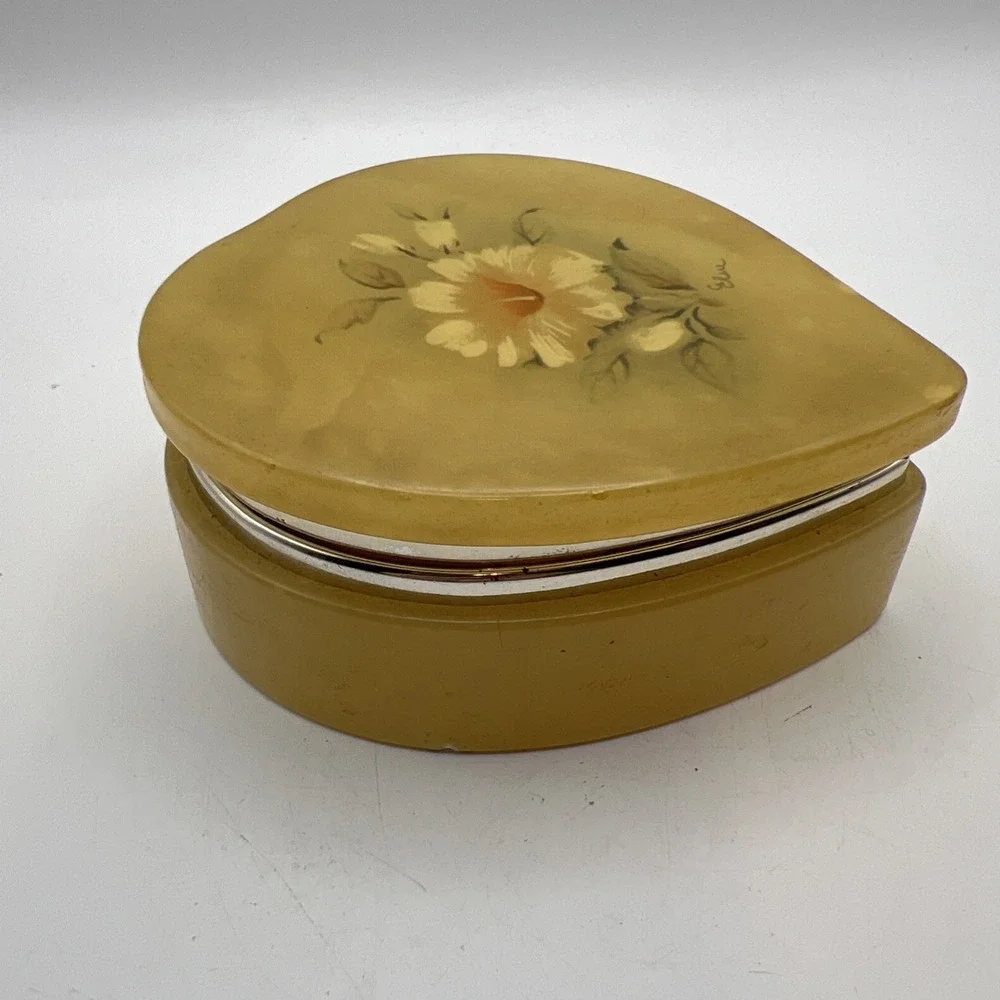 Vintage George Good Italian Alabaster Trinket Box Heart Hinged Painted Flower
